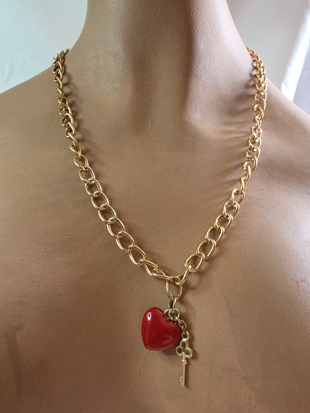 Chunky Gold Chain with Red Heart & Gold Key Pendant.
